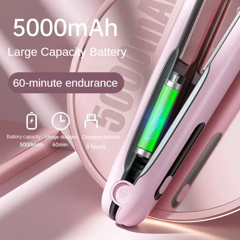 Wireless Hair Straightener Flat Iron Mini 2 In 1 Roller USB Rechargeable 5000mAh Portable Cordless Curler With 4 Heat Levels For Dry & Wet Hair
