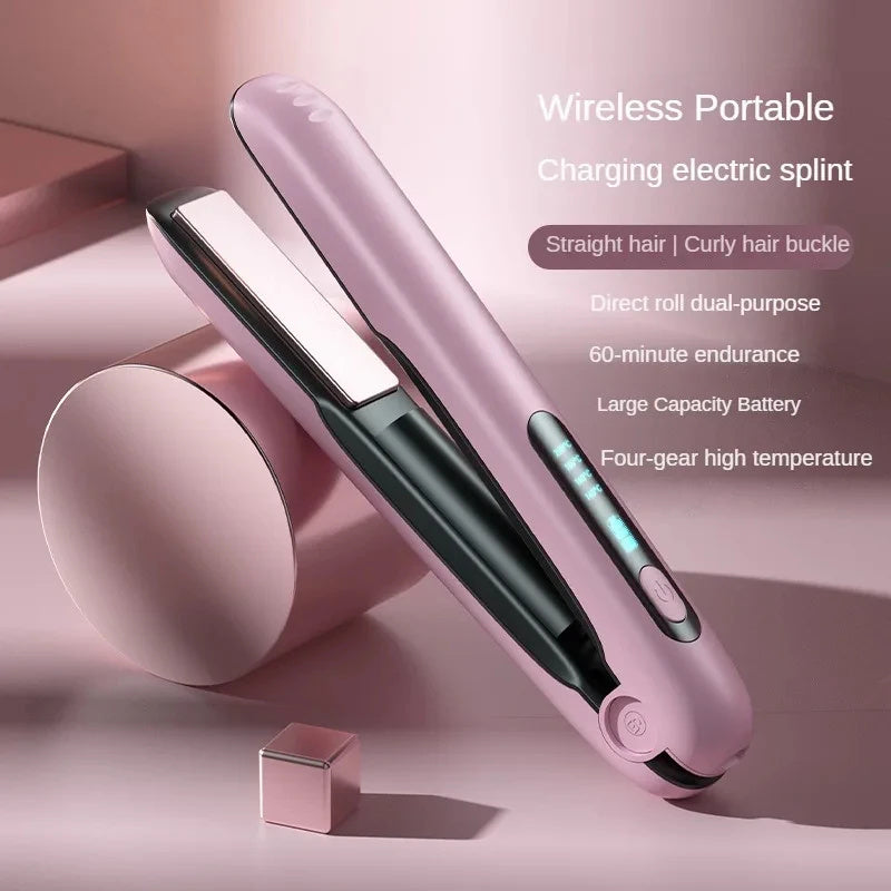 Wireless Hair Straightener Flat Iron Mini 2 In 1 Roller USB Rechargeable 5000mAh Portable Cordless Curler With 4 Heat Levels For Dry & Wet Hair