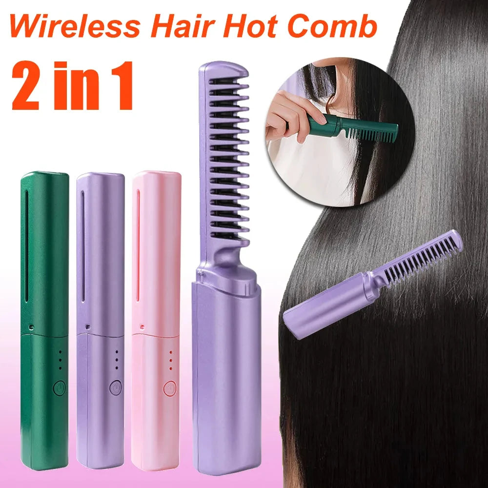 Professional Wireless Hair Straightener & Curler Comb – Fast Heating Negative Ion Styling Brush