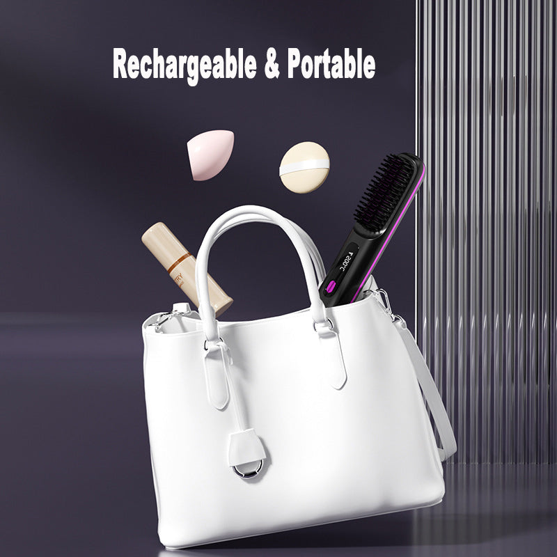 2-in-1 Wireless Hair Straightener & Curler Comb – Fast Heating Portable USB Rechargeable Styling Brush