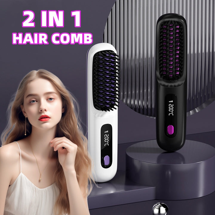 2-in-1 Wireless Hair Straightener & Curler Comb – Fast Heating Portable USB Rechargeable Styling Brush